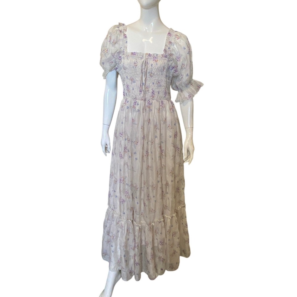 EleStory Floral Smocked Maxi Dress Cream Purple Puff Sleeve Cottagecore Large
